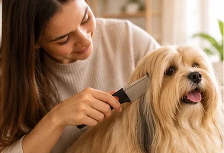 Illustrative dog-care photograph: Tooth length and tooth spacing solve different problems; verify actual product instructions