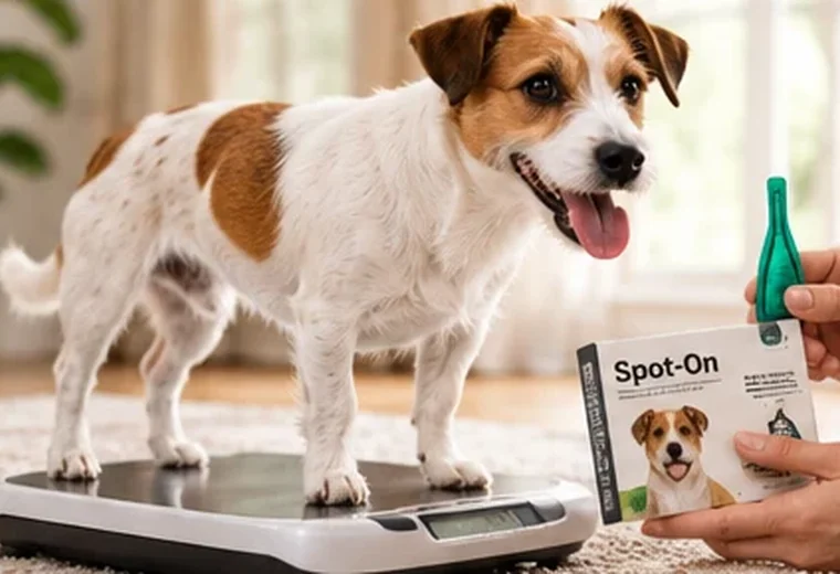Illustrative dog-care photograph: Give every animal its own treatment record; verify actual product instructions