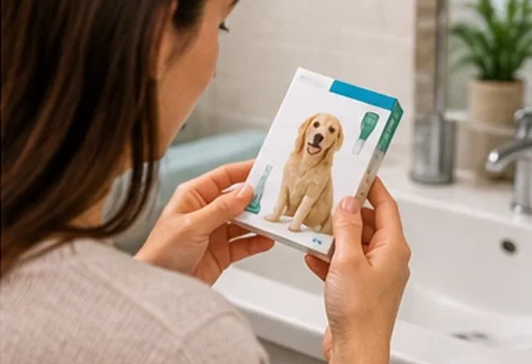 Illustrative dog-care photograph: Read the pest names literally; verify actual product instructions