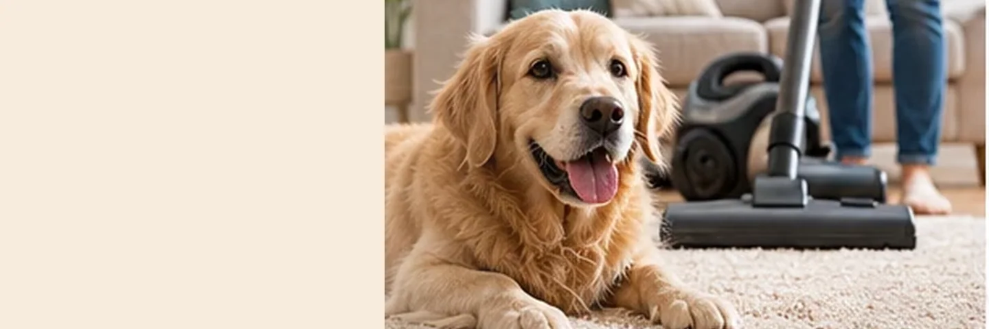 Illustrative dog-care photograph: Vacuuming Order for a Home Flea Cleanup: Room by Room; verify actual product instructions