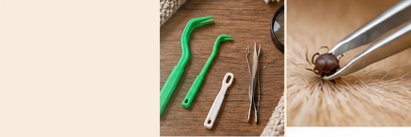 Illustrative dog-care photograph: Tick Removal Hooks Versus Fine-Tip Tweezers for Dogs; verify actual product instructions