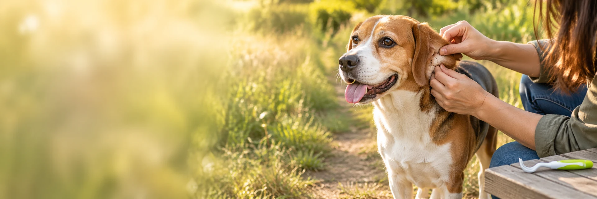 Illustrative dog-care photograph: A Dog Tick Check After a Walk Through Tall Grass; verify actual product instructions