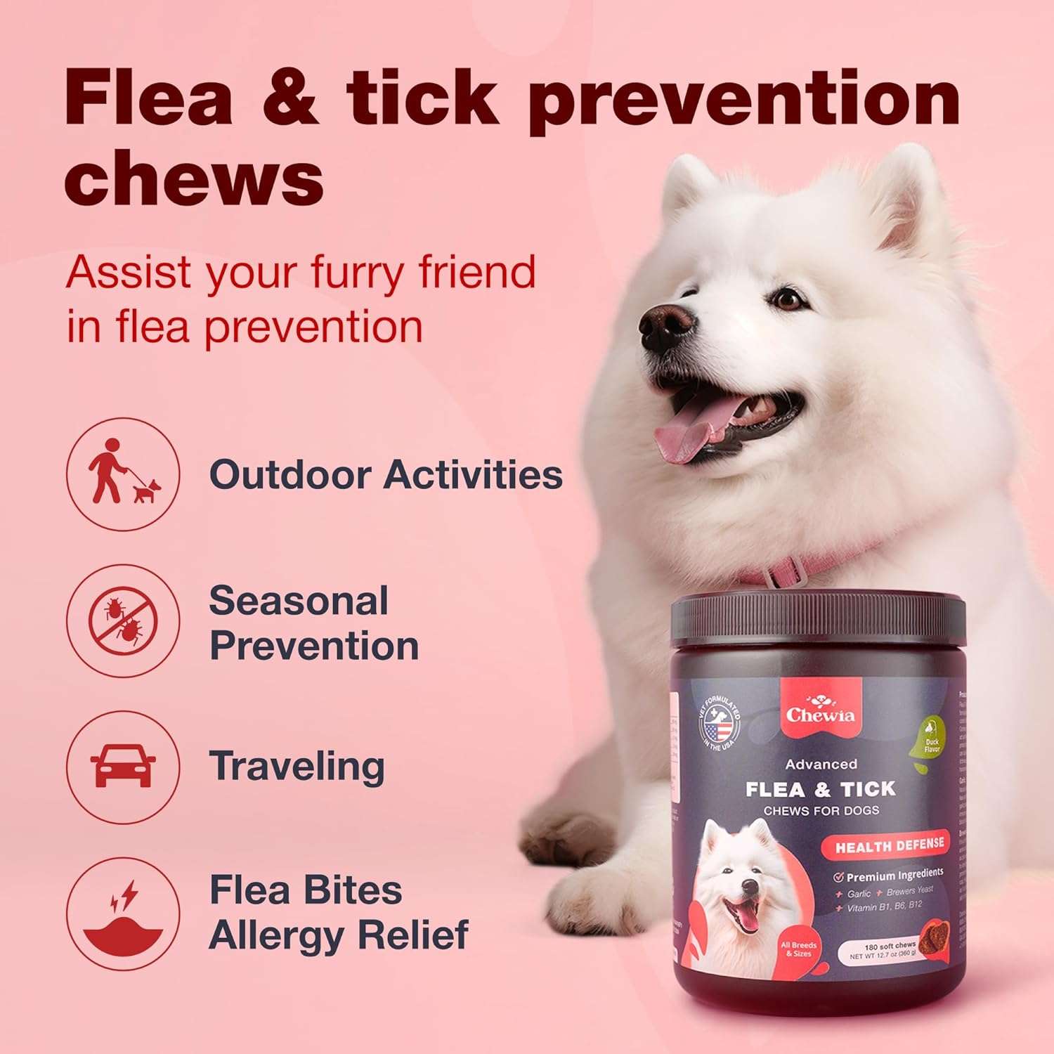 Flea & Tick Prevention Chews for Dogs - 180 Soft Duck Flavor Chews - Natural Dog Flea and Tick Supplement - Flea and Tick Prevention Pet Supplies for Dogs of All Breeds, Ages & Sizes - 2
