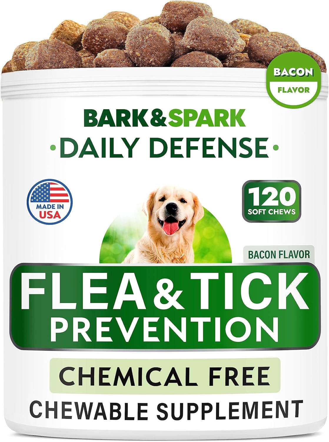 Natural Flea and Tick Prevention Chews for Dogs - Chewable Tablets for Dogs - All Breeds and Ages - Made in USA Flea and Tick Remover Supplement - Bacon - 120 Treats - 1
