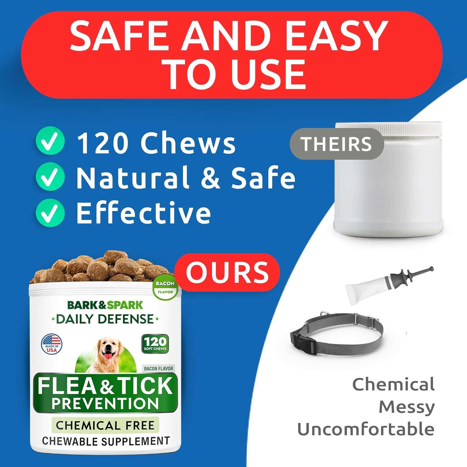 Natural Flea and Tick Prevention Chews for Dogs - Chewable Tablets for Dogs - All Breeds and Ages - Made in USA Flea and Tick Remover Supplement - Bacon - 120 Treats - 4