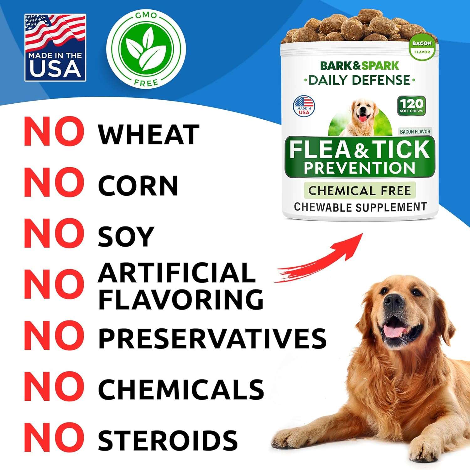 Natural Flea and Tick Prevention Chews for Dogs - Chewable Tablets for Dogs - All Breeds and Ages - Made in USA Flea and Tick Remover Supplement - Bacon - 120 Treats - 6