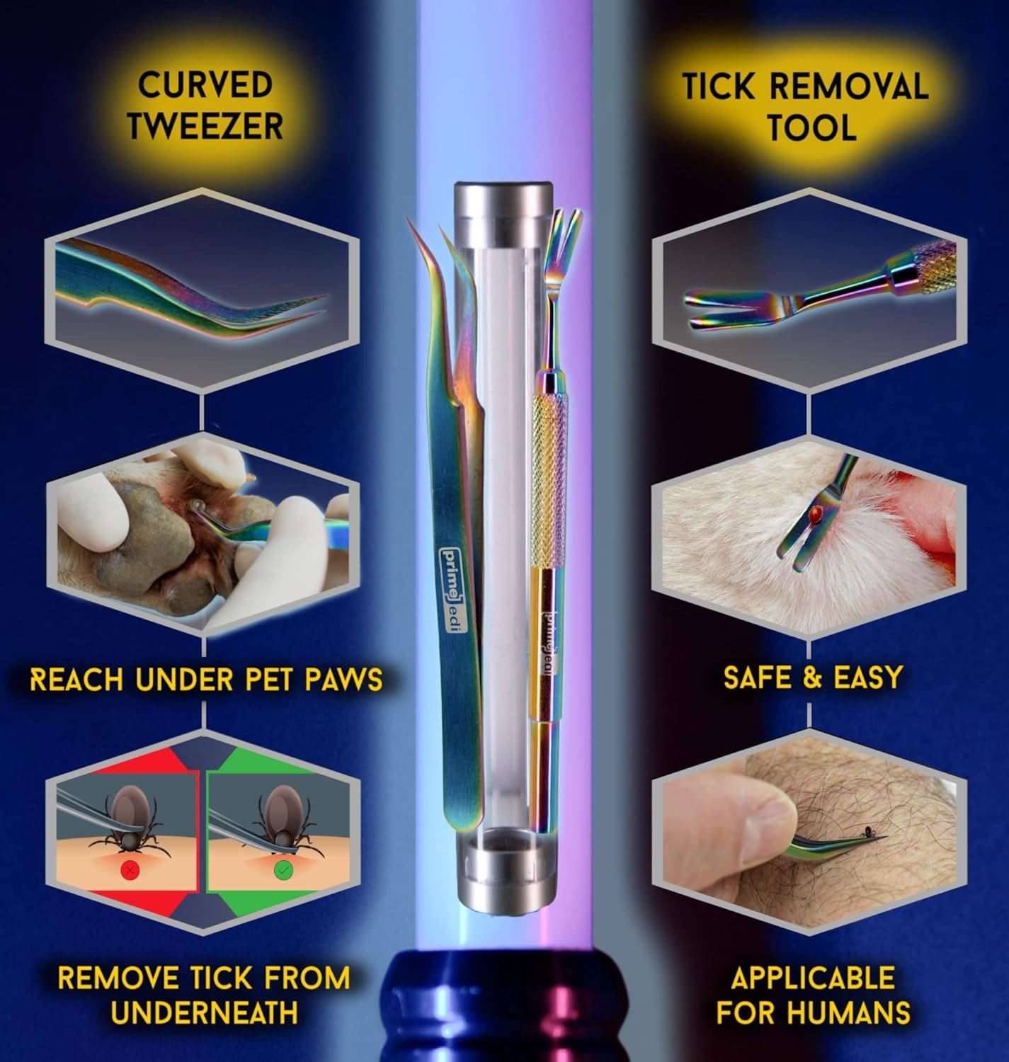 PrimeJedi 2-in-1 Tick Removal Tool Set, Tick Remover for Humans, for Dogs, for Cats, Angled Tweezer + Tick Removal Tool + Tube Case, Medical Tweezers for Removing Ticks, Tick Tweezers, Multicolored - 3