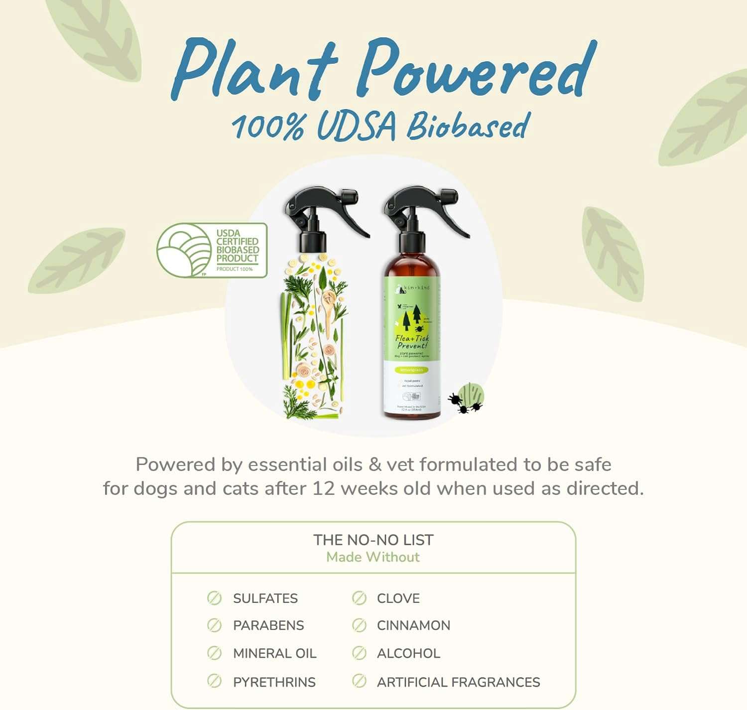 kin+kind Plant-Based Flea & Tick Spray for Dogs and Cats with Lemongrass - Essential for Flea & Tick Treatment - Flea Spray for Dogs and Cats - Pet Supplies 12 fl oz - 3