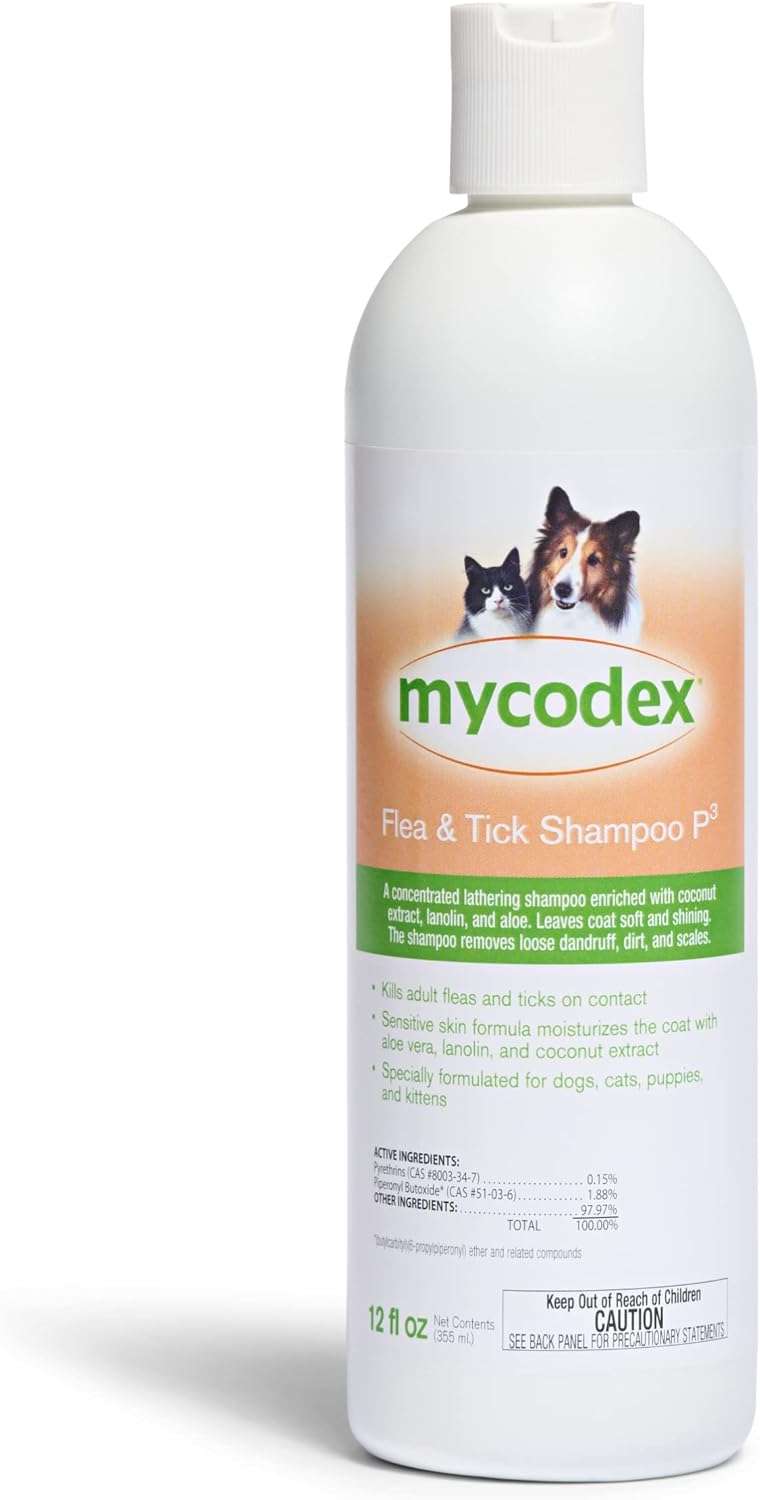 PRN Pharmacal Mycodex Flea and Tick Shampoo P3 - Sensitive Skin Shampoo for Dogs & Cats - with Oatmeal, Lanolin, & Aloe - Removes Dandruff, Dirt, & Scales While Killing Fleas, Ticks & Lice - 1