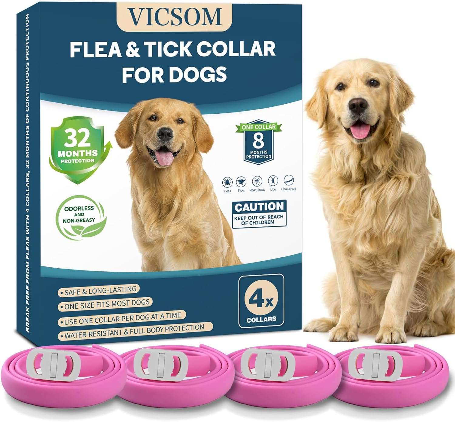 VICSOM 4 Pack Flea Collar for Dogs, Flea and Tick Collar for Dogs, 32 Months Flea and Tick Prevention for Dogs, Dog Flea and Tick Treatment, Water-Resistant & Adjustable Dog Flea Collar - Pink - 1