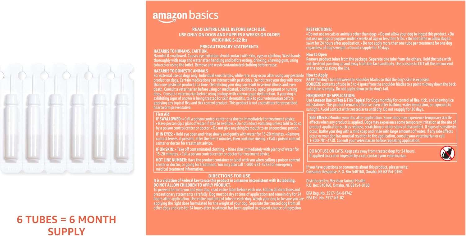 Amazon Basics Flea and Tick Topical Treatment for Small Dogs (5 -22 pounds), Unscented, 6 Count - 2