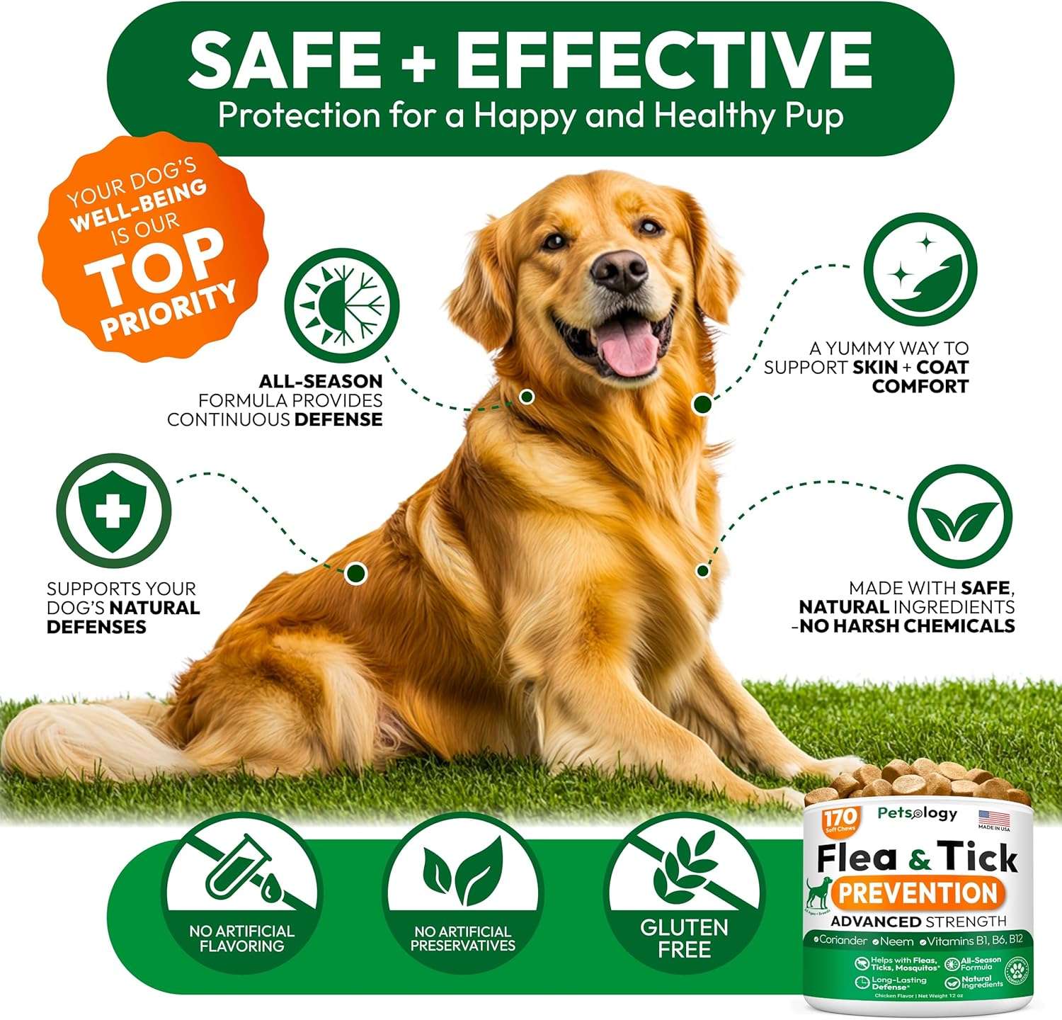 Flea and Tick Prevention for Dogs Pills - Natural Dog Flea & Tick Control - 170 Soft Chewables - Oral Defense Treatment for Dogs Supplement - Vet Formulated Chews - All Breeds & Ages - 4