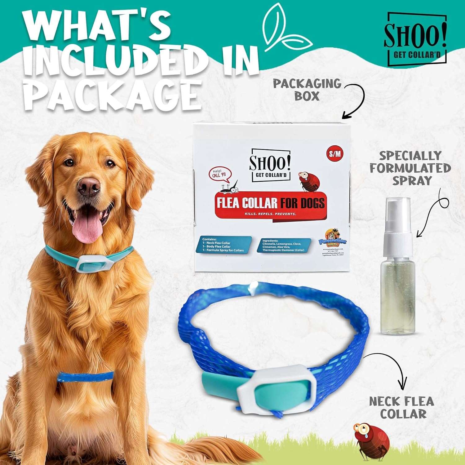 Shoo! Flea & Tick Collar for Dogs - Repels and Prevents - Dual Collary System - Made with Essential Oils - Up to 8 Month Protection - 2