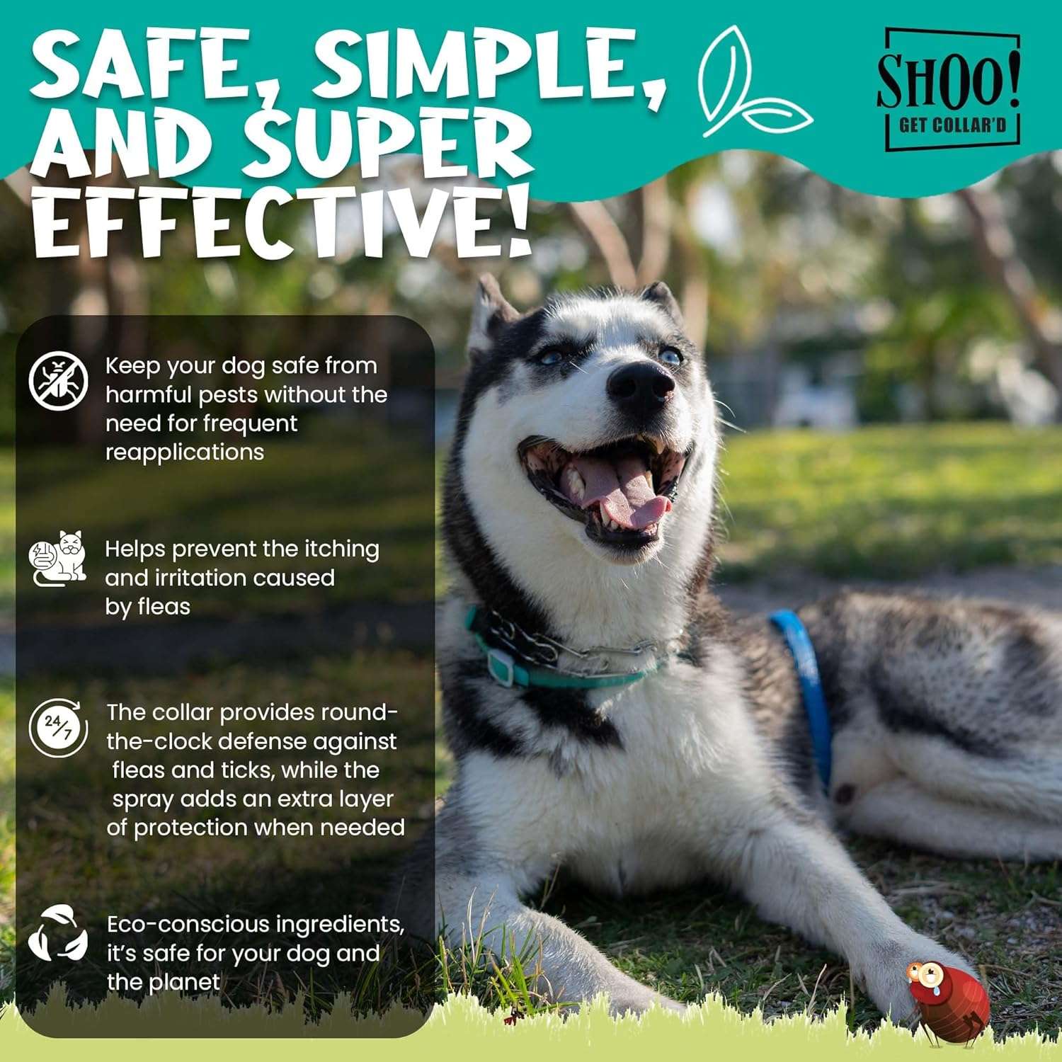 Shoo! Flea & Tick Collar for Dogs - Repels and Prevents - Dual Collary System - Made with Essential Oils - Up to 8 Month Protection - 5