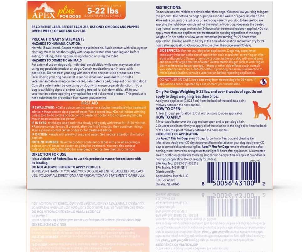 Apex Plus Flea and Tick Prevention for Dogs - Small (5-22 lbs) - 3-Month Supply - Dog Flea and Tick Treatment - 24-Hour Activation, Waterproof, 30-Day Protection - 9