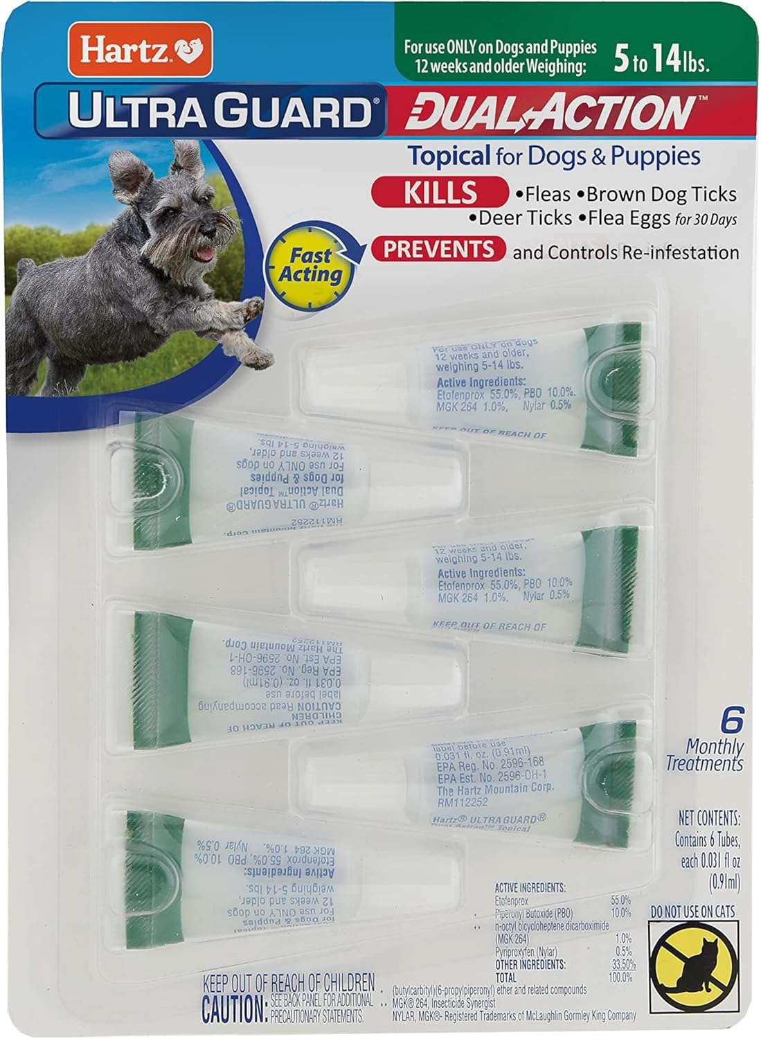 Hartz UltraGuard Dual Action Flea & Tick Topical Dog Treatment and Flea and Tick Prevention, 6 Months, 5-14 Pound Dogs 6-count - 1