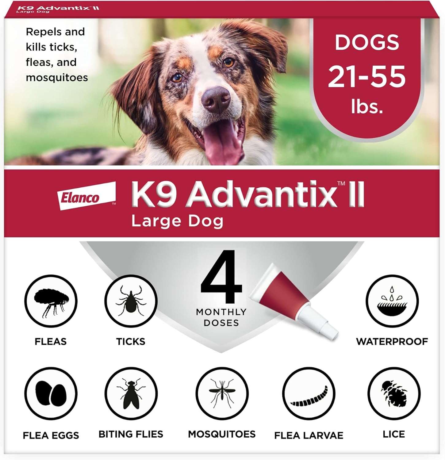 K9 Advantix II Large Dog Vet-Recommended Flea, Tick & Mosquito Treatment & Prevention - Dogs 21 - 55 lbs. - 4-Mo Supply - 1