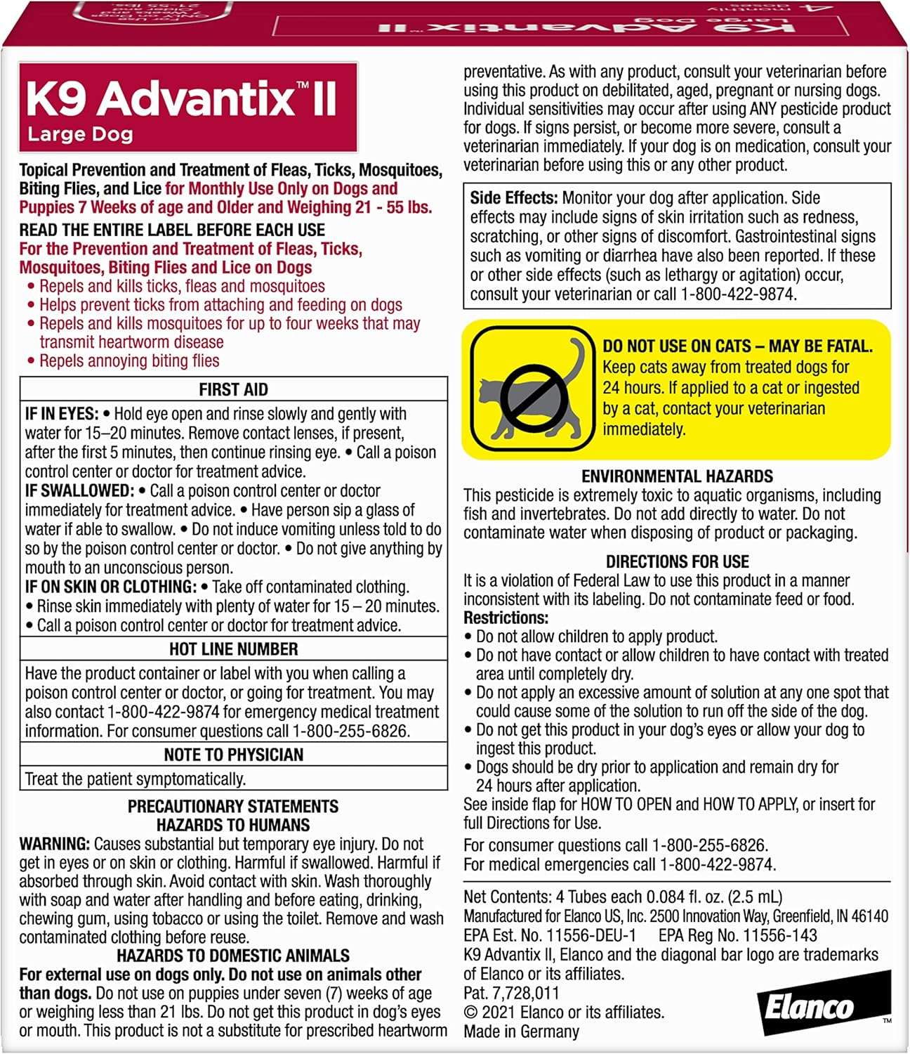 K9 Advantix II Large Dog Vet-Recommended Flea, Tick & Mosquito Treatment & Prevention - Dogs 21 - 55 lbs. - 4-Mo Supply - 2