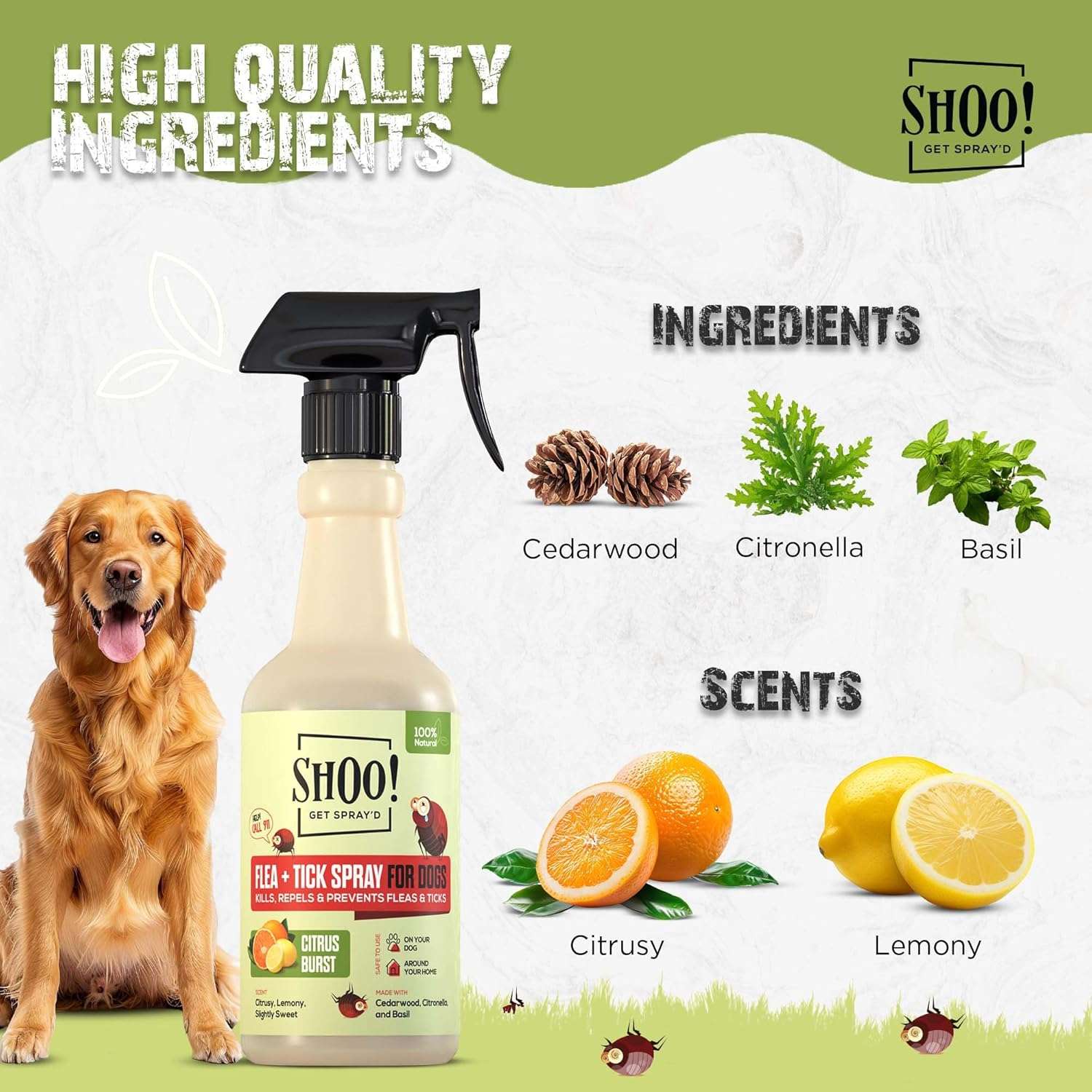Shoo! Flea & Tick Spray for Dogs and Home - Plant Based, Natural Oils, Chemical Free Formula - Kills, Repels, Prevents - 16 oz - 3