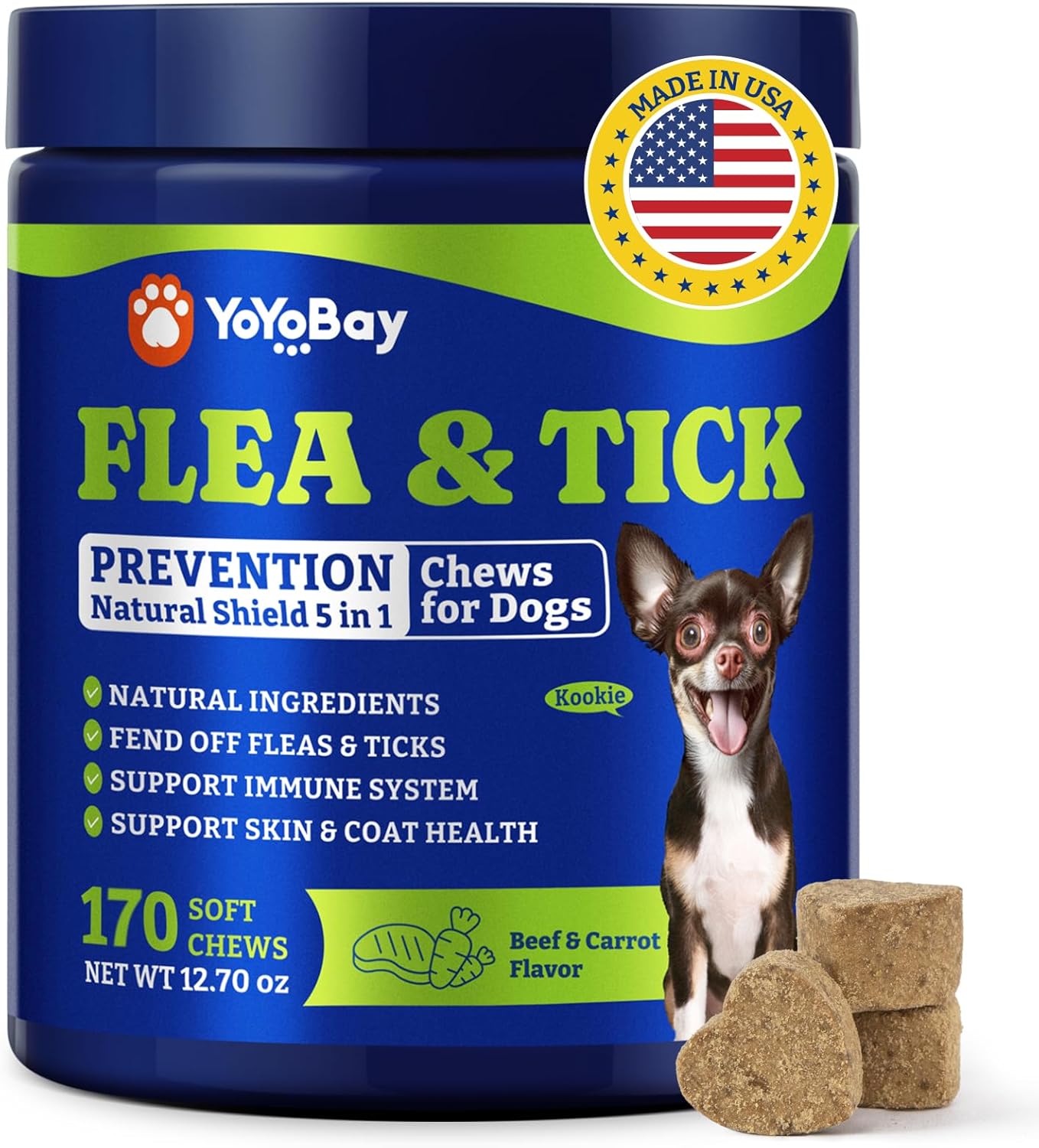 Flea and Tick Prevention for Dogs Chewable - 170 Soft Chews, Duck & Pear Flavor, Beef & Carrot Flavor - 1