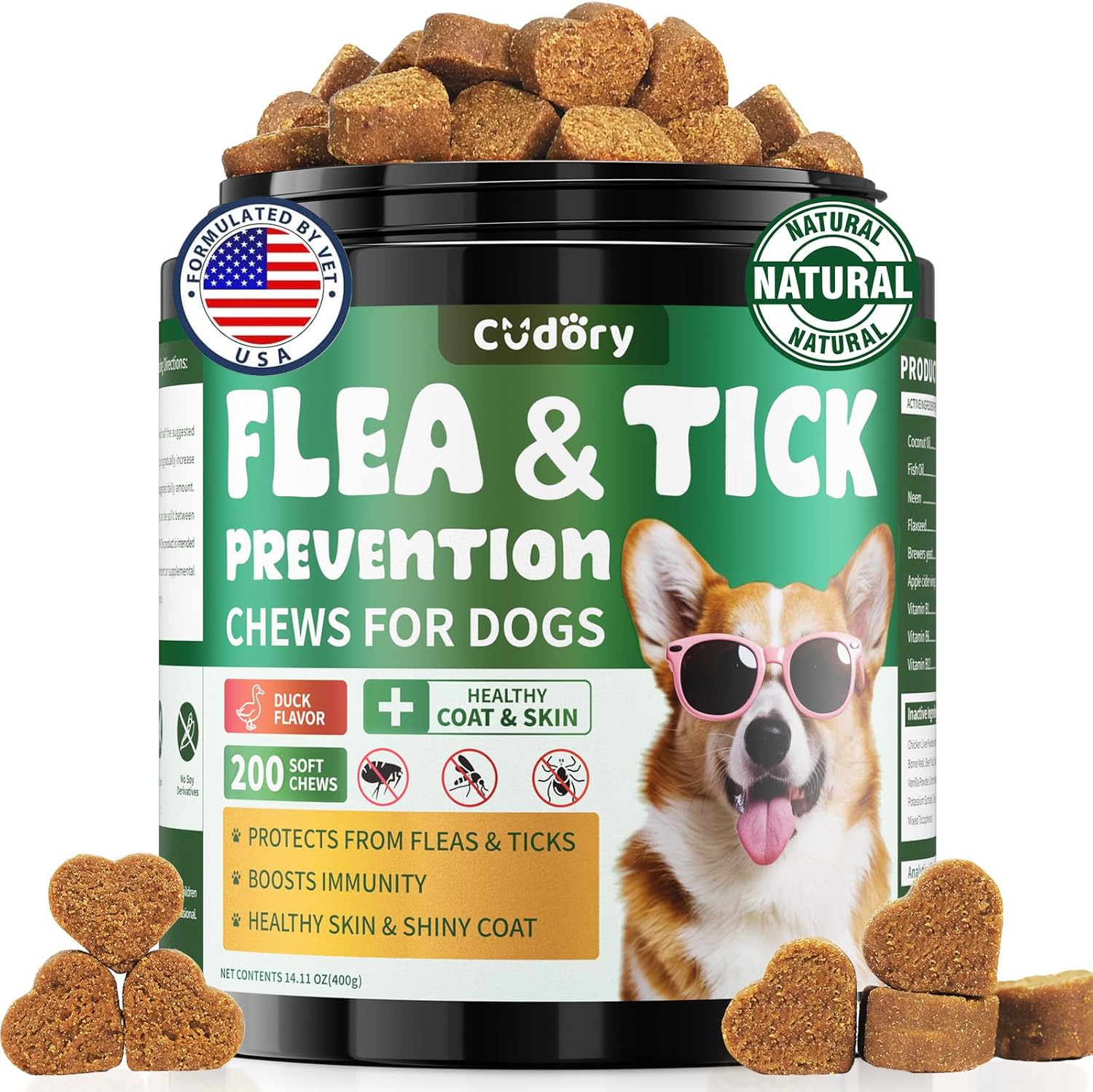 Flea and Tick Prevention for Dogs Chews – 200 Soft Chews, Dog Flea Chewables with Skin & Coat Support – Oral Supplement for All Breeds & Ages – Natural Duck Flavor - 1