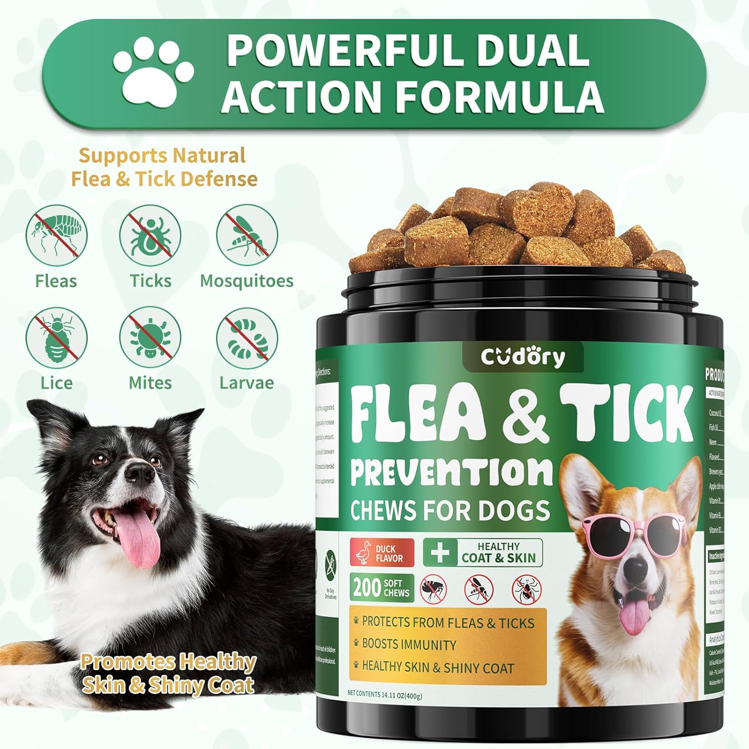 Flea and Tick Prevention for Dogs Chews – 200 Soft Chews, Dog Flea Chewables with Skin & Coat Support – Oral Supplement for All Breeds & Ages – Natural Duck Flavor - 2