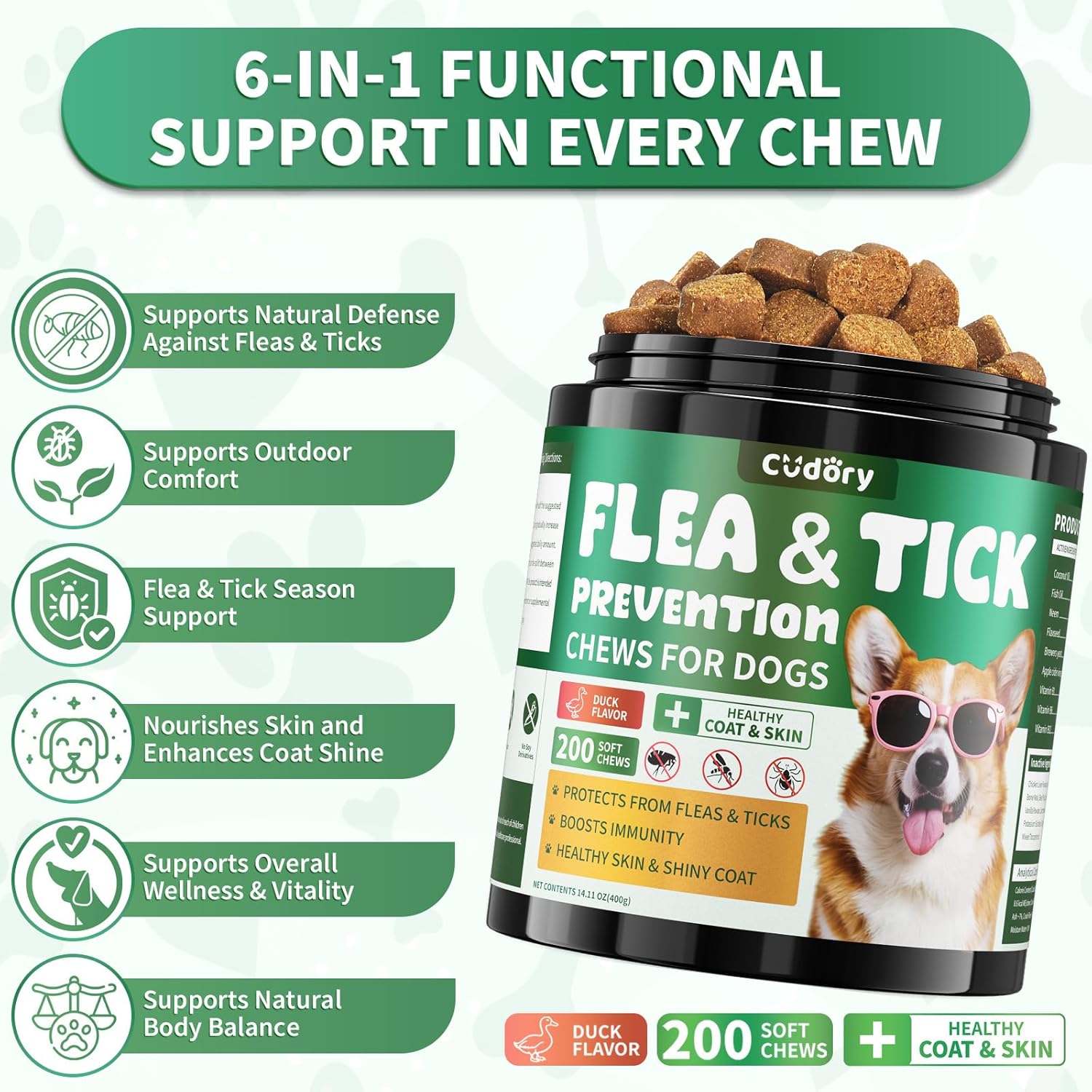 Flea and Tick Prevention for Dogs Chews – 200 Soft Chews, Dog Flea Chewables with Skin & Coat Support – Oral Supplement for All Breeds & Ages – Natural Duck Flavor - 3