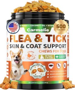 Flea and Tick Prevention for Dogs Chewables, 500 Crunchy & Savory Dog Flea and Tick Treatment with Multivitamins - Support Skin & Coat - Tasty Treats for All Breeds & Ages - Chicken and Krill Flavor - 1