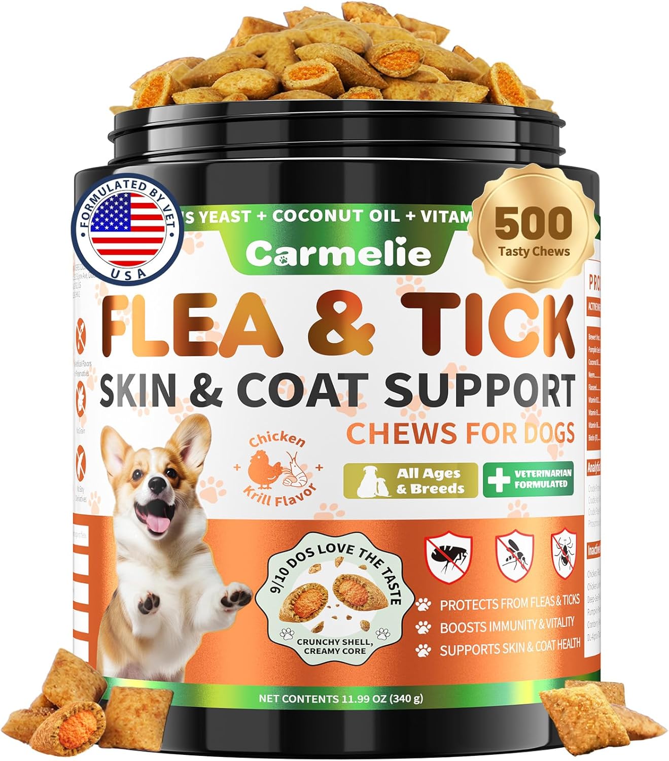 Flea and Tick Prevention for Dogs Chewables, 500 Crunchy & Savory Dog Flea and Tick Treatment with Multivitamins - Support Skin & Coat - Tasty Treats for All Breeds & Ages - Chicken and Krill Flavor - 1
