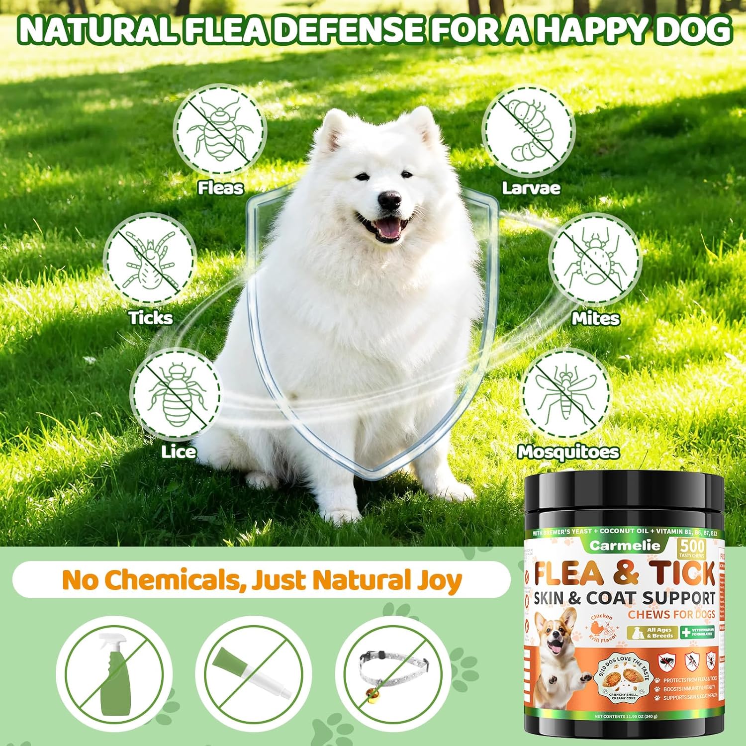 Flea and Tick Prevention for Dogs Chewables, 500 Crunchy & Savory Dog Flea and Tick Treatment with Multivitamins - Support Skin & Coat - Tasty Treats for All Breeds & Ages - Chicken and Krill Flavor - 3