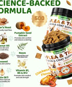 Flea and Tick Prevention for Dogs Chewables, 500 Crunchy & Savory Dog Flea and Tick Treatment with Multivitamins - Support Skin & Coat - Tasty Treats for All Breeds & Ages - Chicken and Krill Flavor - 4