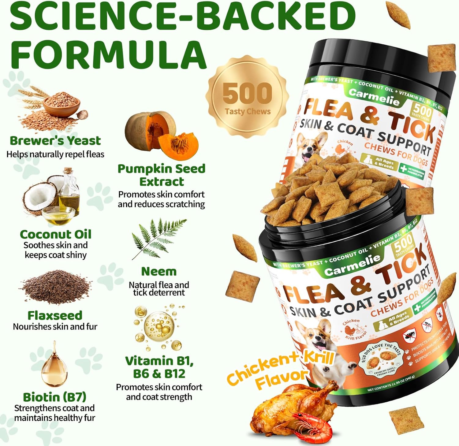 Flea and Tick Prevention for Dogs Chewables, 500 Crunchy & Savory Dog Flea and Tick Treatment with Multivitamins - Support Skin & Coat - Tasty Treats for All Breeds & Ages - Chicken and Krill Flavor - 4