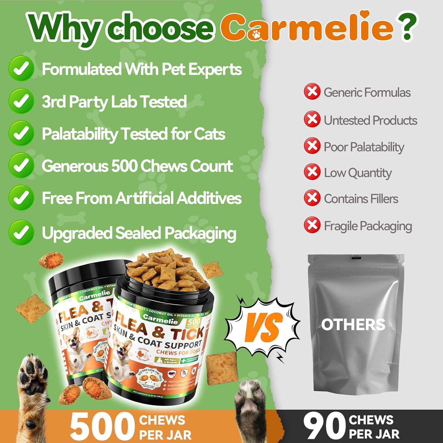 Flea and Tick Prevention for Dogs Chewables, 500 Crunchy & Savory Dog Flea and Tick Treatment with Multivitamins - Support Skin & Coat - Tasty Treats for All Breeds & Ages - Chicken and Krill Flavor - 8