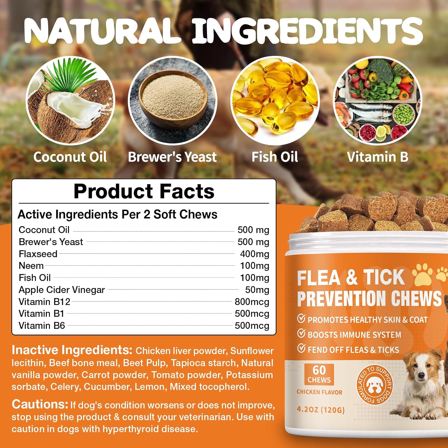 Flea and Tick Prevention for Dogs Chewables - Natural Dog Flea and Tick Treatment Chewable - Oral Flea Supplement for Dogs - Puppy Flea Support - All Breeds & Ages - 60 Soft Chews - 5