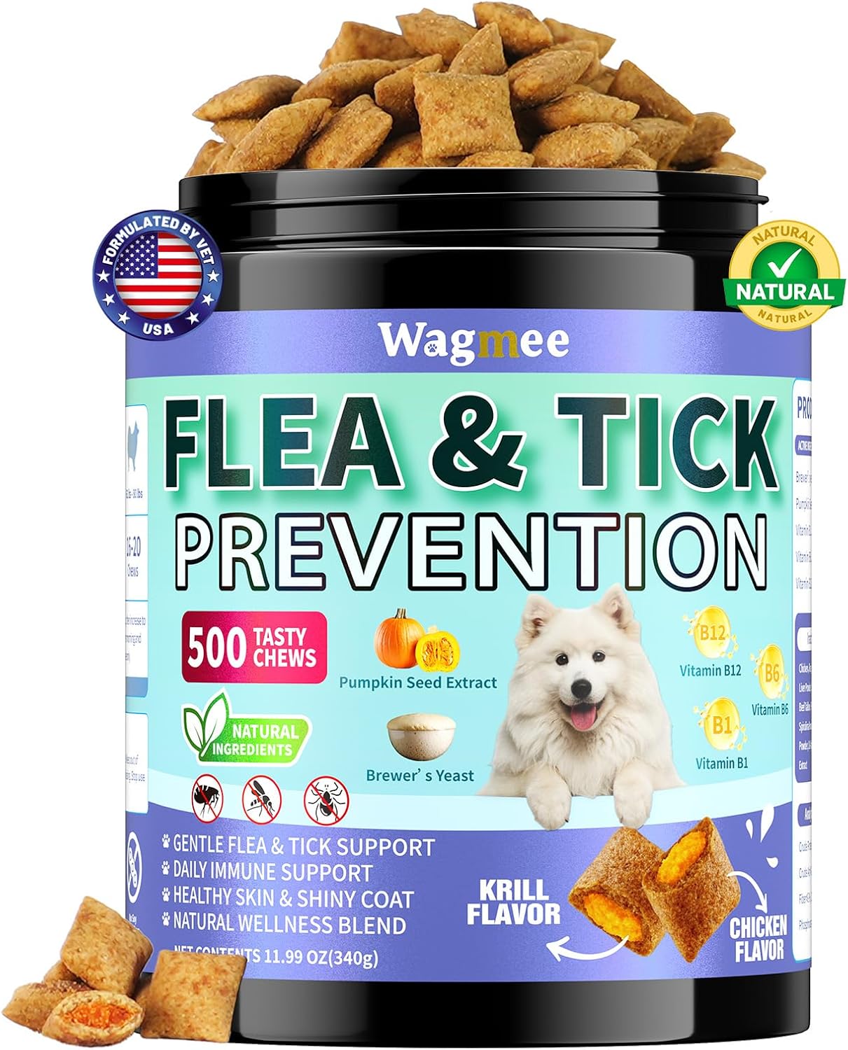 Flea and Tick Prevention for Dogs Chewables – 500 Crunchy & Creamy Tasty Chews, Natural Dog Flea and Tick Treatment Chewable, Oral Flea Chews Supplement for Dogs Puppies, All Breeds & Ages, Chicken - 1
