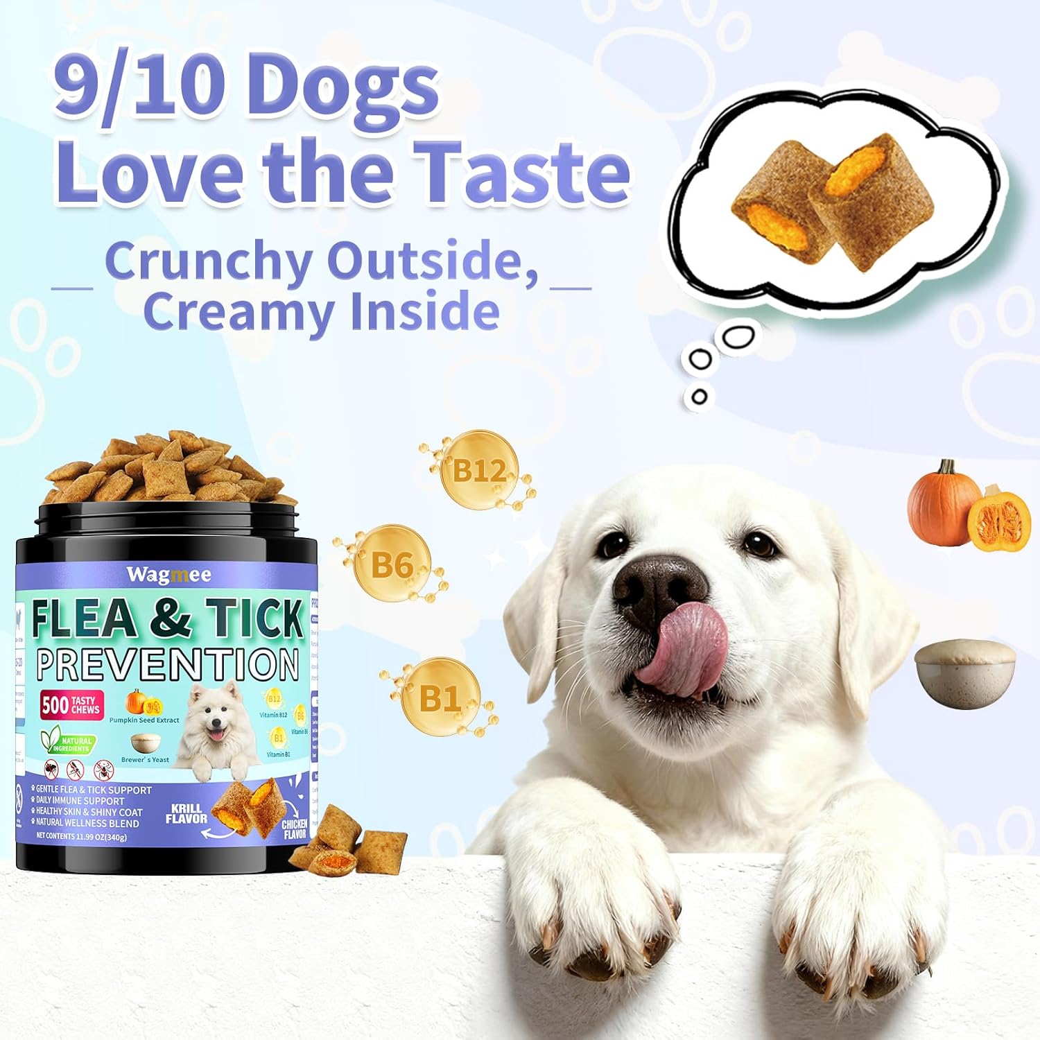 Flea and Tick Prevention for Dogs Chewables – 500 Crunchy & Creamy Tasty Chews, Natural Dog Flea and Tick Treatment Chewable, Oral Flea Chews Supplement for Dogs Puppies, All Breeds & Ages, Chicken - 2
