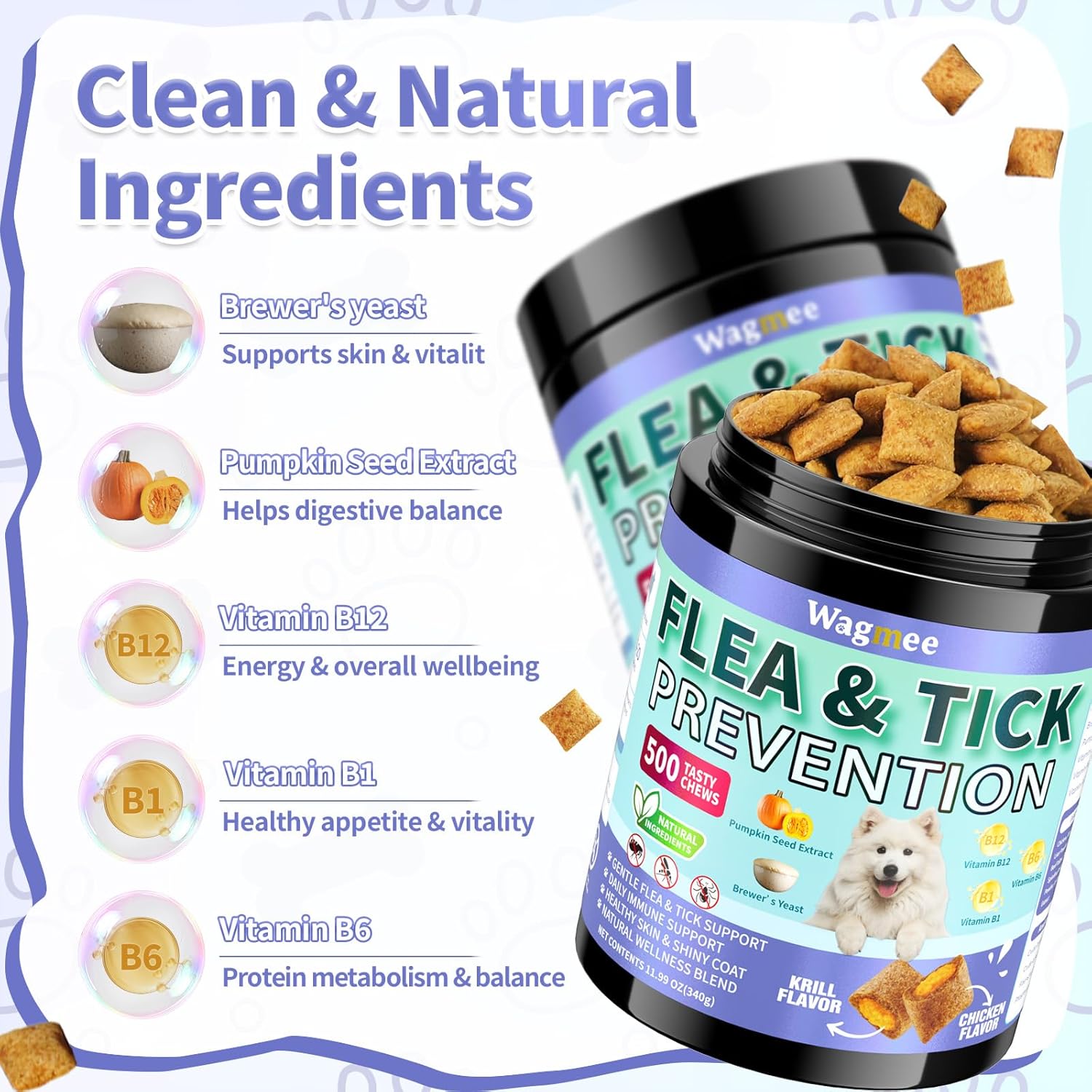 Flea and Tick Prevention for Dogs Chewables – 500 Crunchy & Creamy Tasty Chews, Natural Dog Flea and Tick Treatment Chewable, Oral Flea Chews Supplement for Dogs Puppies, All Breeds & Ages, Chicken - 4