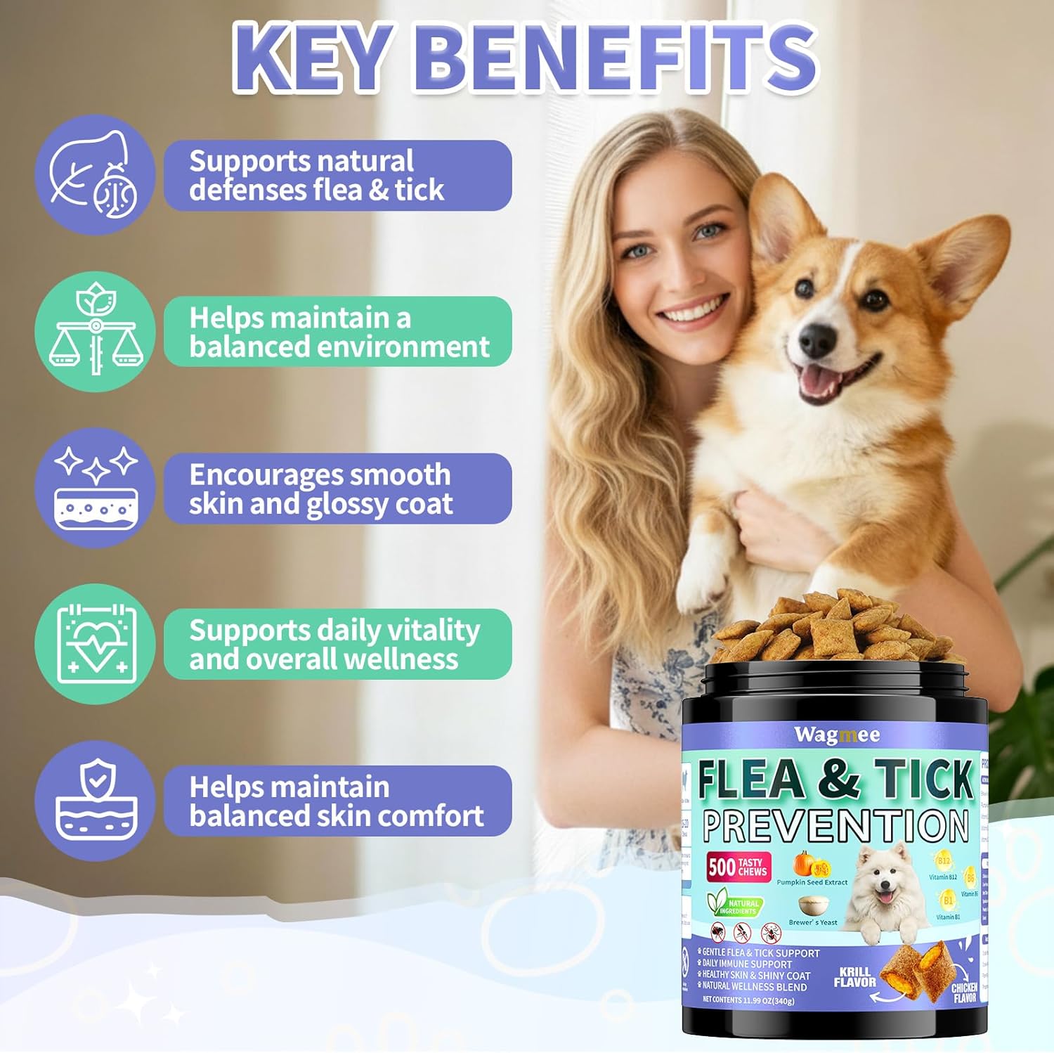 Flea and Tick Prevention for Dogs Chewables – 500 Crunchy & Creamy Tasty Chews, Natural Dog Flea and Tick Treatment Chewable, Oral Flea Chews Supplement for Dogs Puppies, All Breeds & Ages, Chicken - 6