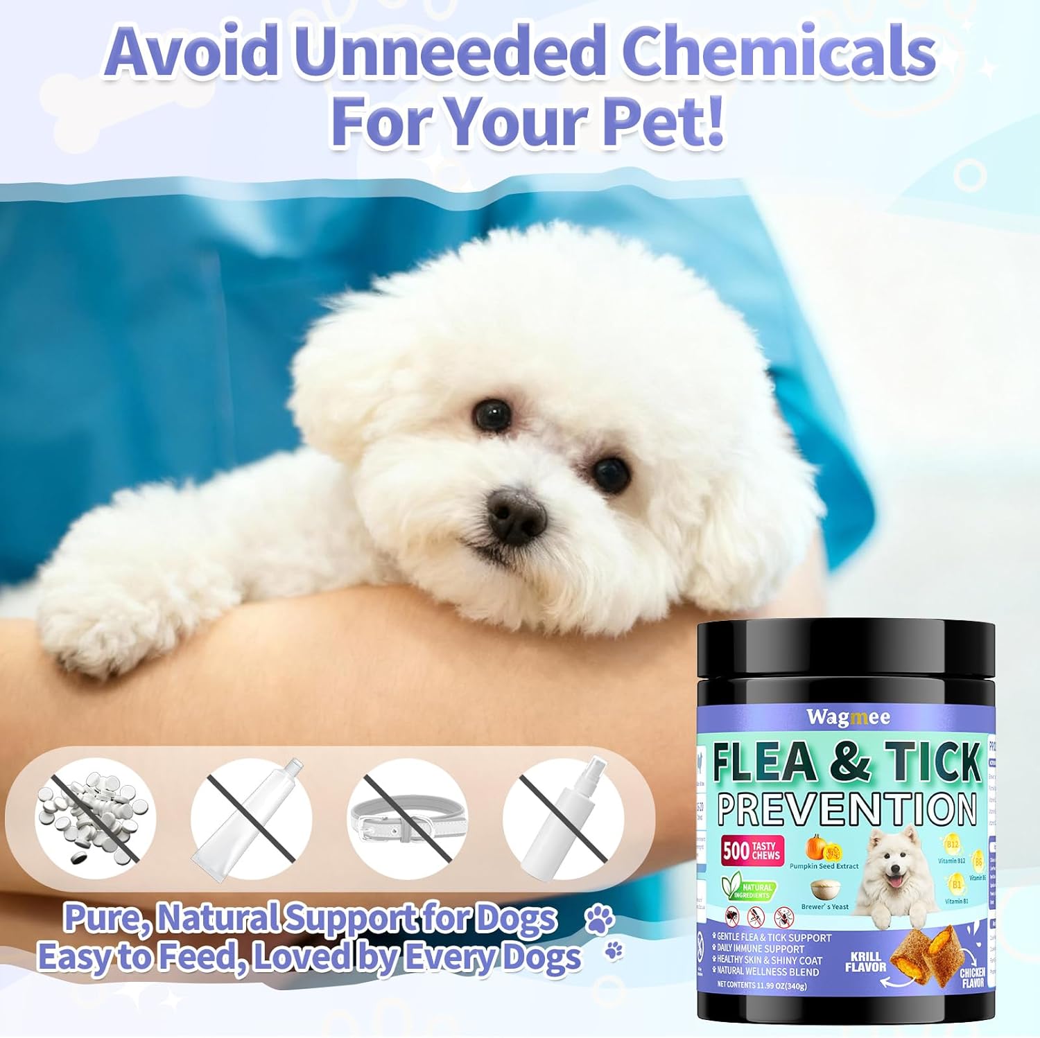 Flea and Tick Prevention for Dogs Chewables – 500 Crunchy & Creamy Tasty Chews, Natural Dog Flea and Tick Treatment Chewable, Oral Flea Chews Supplement for Dogs Puppies, All Breeds & Ages, Chicken - 7