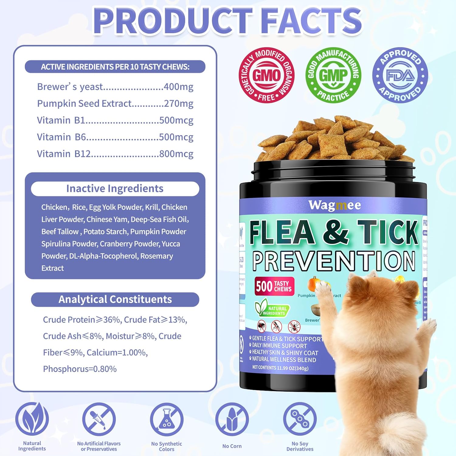 Flea and Tick Prevention for Dogs Chewables – 500 Crunchy & Creamy Tasty Chews, Natural Dog Flea and Tick Treatment Chewable, Oral Flea Chews Supplement for Dogs Puppies, All Breeds & Ages, Chicken - 8