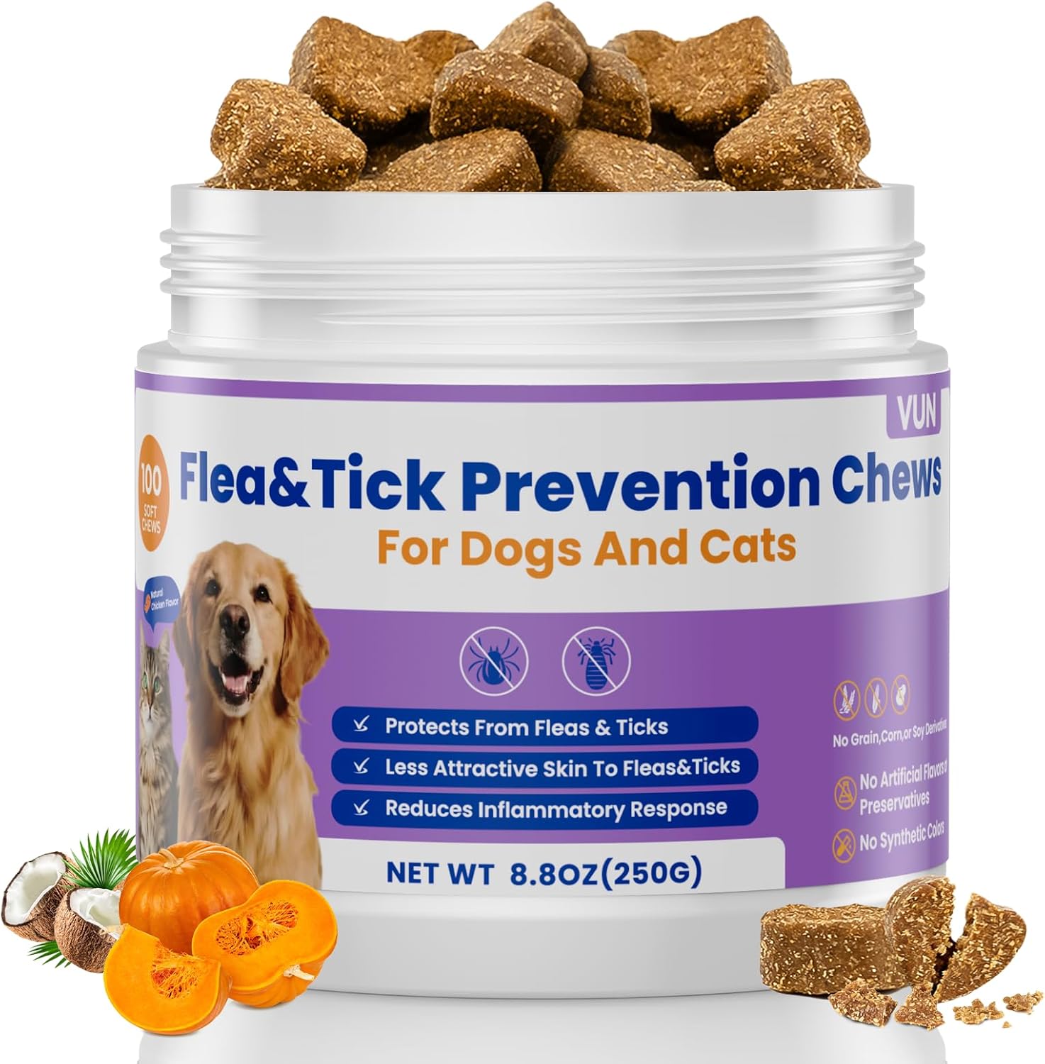 VUN Dog Flea and Tick Treatment Chewable,Natural Oral Flea Treatment for Cats,Relieve Itching& Biting,Flea Tick Prevention for Dogs Chews Supplement for Skin&Coat,All Breeds Sizes,100 Counts - 1