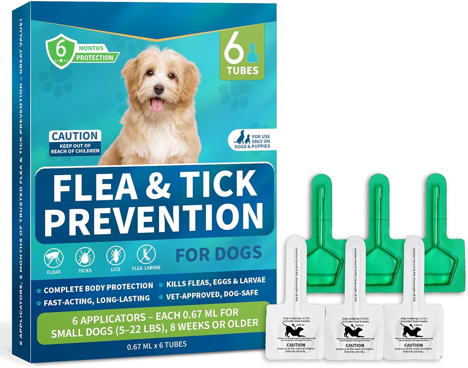 Flea and Tick Prevention for Small Dogs, 6-Month Supply Dog Flea and Tick Treatment Drops, Topical Fast-Acting Dog Flea Treatment for Small Dogs Up to 5 to 22 lbs - 1