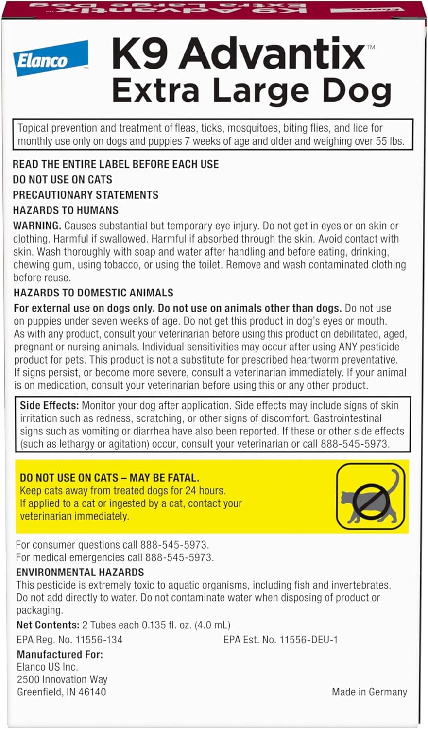 K9 Advantix Flea, Tick & Mosquito Prevention for Dogs Over 55 lbs. - Flea Drops for Extra Large Dogs - Apply Monthly - 2 Treatments - 2