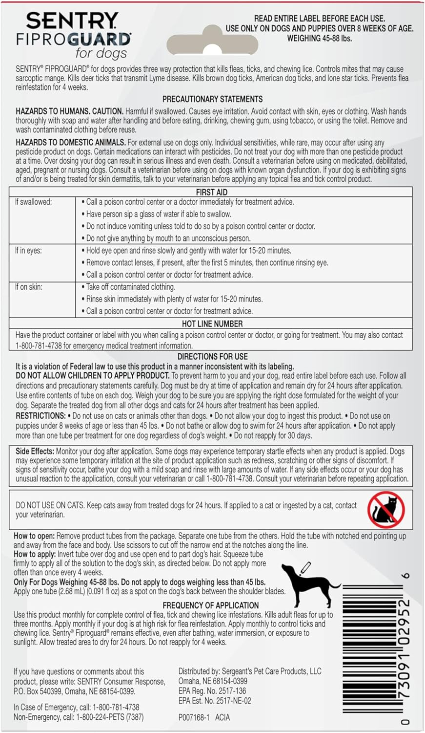 Sentry Fiproguard for Dogs, Flea and Tick Prevention for Dogs (45-88 Pounds), Includes 3 Month Supply of Topical Flea Treatments - 6