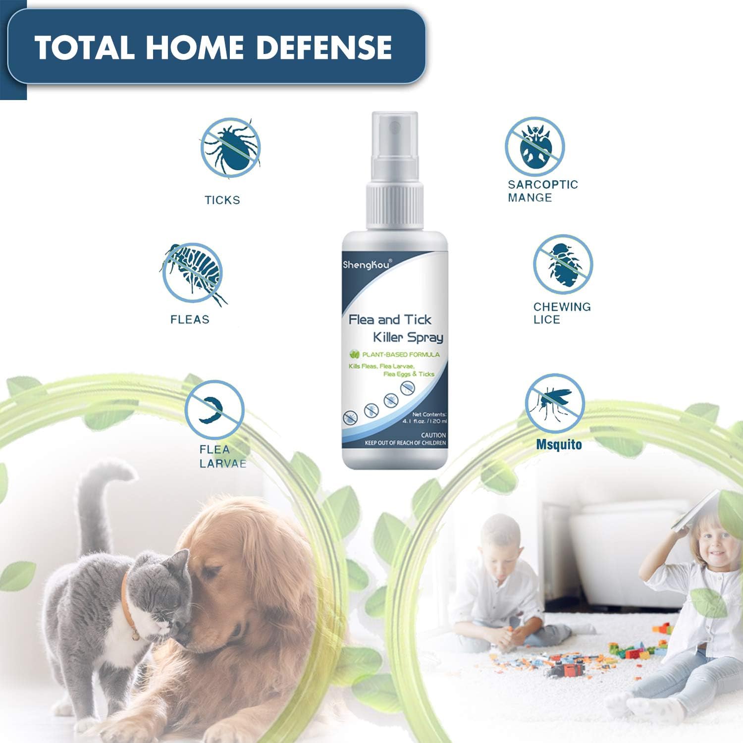 Flea and Tick Spray for Pets and Home - Plant-Based Essential Oil Formula - Natural and Effective Treatment for Ticks, Fleas and Insects - Indoor and Outdoor Use - Charity Donation Included - 3