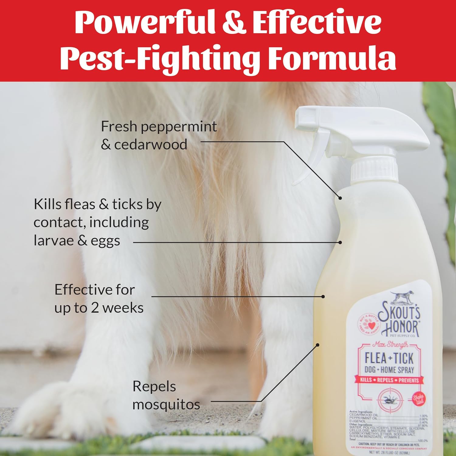 Skout's Honor Flea and Tick Dog & Home Spray - Natural Peppermint & Cedarwood Formula, Helps to Protect from Fleas, Ticks, and Mosquitos, 28 oz - 6