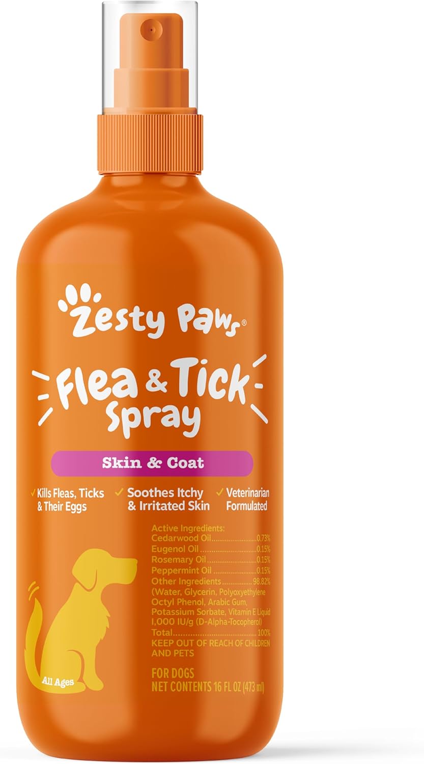 Zesty Paws Flea and Tick Spray for Dogs - Kill Fleas, Ticks & Their Eggs - Veterinarian Formulated - Soothes Itchy & Irritated Dog Skin - Cedarwood Oil, Rosemary Oil & Peppermint Oil - 1