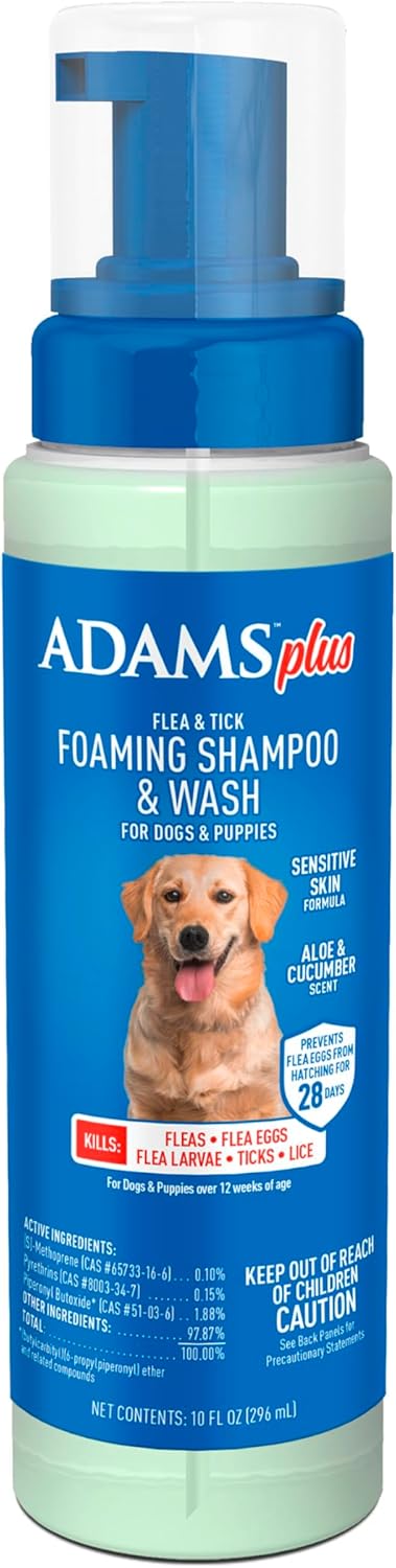 ADAMS Plus Flea & Tick Foaming Shampoo & Wash for Dogs & Puppies, Flea Shampoo to Treat Flea Infestations, Kills Ticks, Fleas, Flea Eggs & Lice, Cleans and Conditions Coat, 10 Ounces - 1