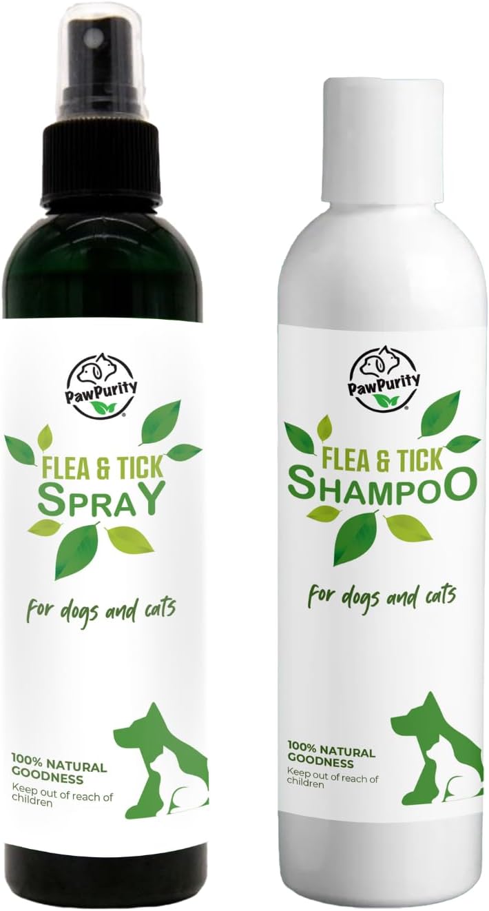 PawPurity Flea-Tick Shampoo and Spray Kit for Dogs & Cats, 100% Natural, Organic, Protects & Conditions, Herbal Citrus Scent - 1