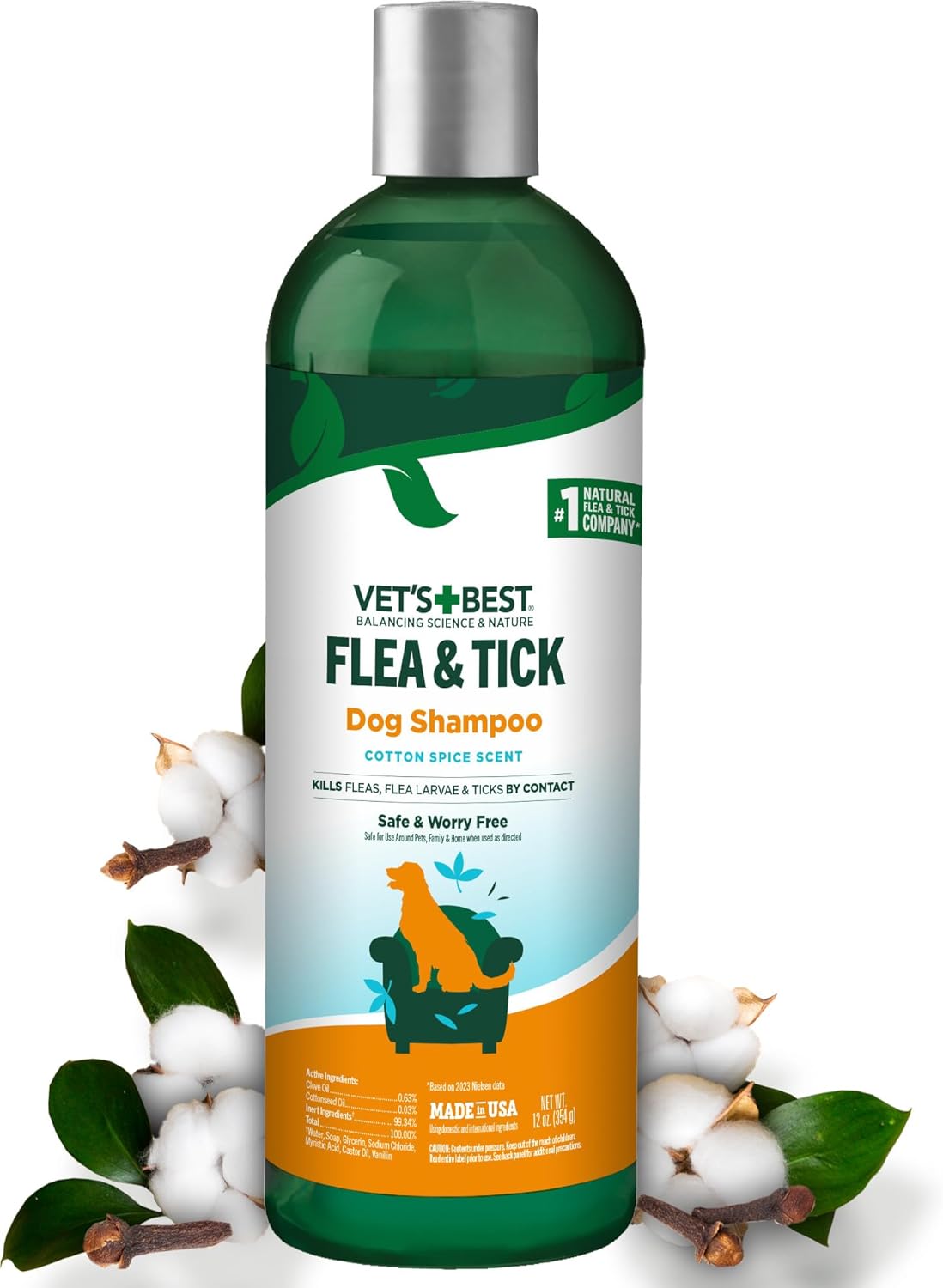 Vet's Best Natural Flea & Tick Dog Shampoo – Plant-Based Formula with Cotton Spice Scent – Natural Dog Shampoo with Essential Oils for Flea and Tick Support – Made in USA – 12 oz Bottle - 1